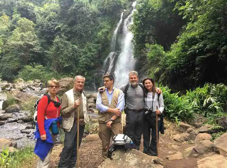 A group of five hikers, holding trekking poles, stand in front of a waterfall surrounded by lush greenery during a day trip hike, possibly part of their Kilimanjaro trekking adventure.